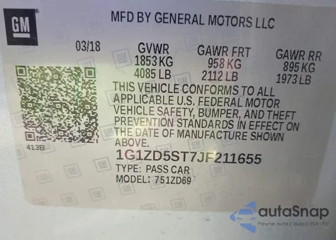 2018 Chevrolet Malibu Lt z USA, uszkodzony, nr VIN 1G1ZD5ST7JF211655